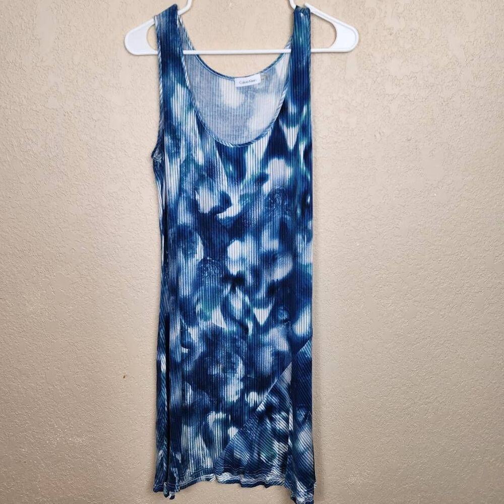 Calvin Klein Blue and White Sleeveless Knit Dress Size 14 (7112)